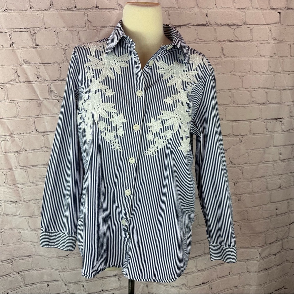 draper's & Damon's Striped cotton Button-Up Shirt Floral Embroidery womens L